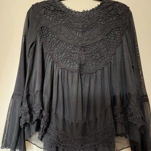 Pyramid Collection Lace and Ruffle Top with Bell Sleeves